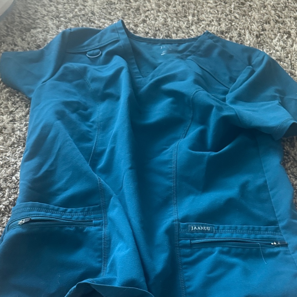 Jaanuu Blue Scrub Top with Zippered Pockets